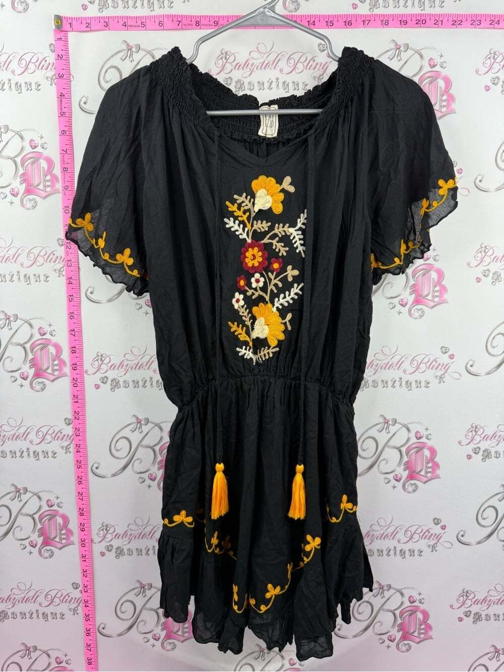 Runaway child romper Embroidered Black Boho Romper with Yellow Floral Accents